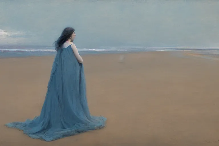 Image similar to female angel on the beach, trail of fire and smoke coming from her wings, very early morning, bluish colorscheme, jeremy lipking, timothy rees