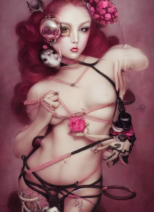 Image similar to pop surrealism, lowbrow art, realistic seductive cute woman painting, pink body harness, japanese shibari, hyper realism, muted colours, rococo, natalie shau, loreta lux, tom bagshaw, mark ryden, trevor brown style,