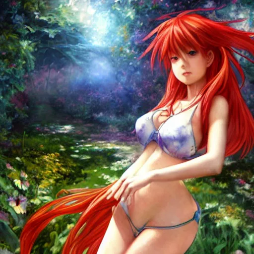 Image similar to asuka langley soryu wandering a garden by raymond swanland, highly detailed