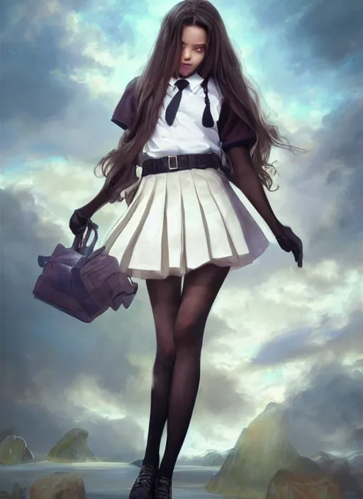 Image similar to a beautiful woman with school uniform, seifuku, pleated miniskirt, overknee socks, adriana lima, painted by artgerm and tom bagshaw, fantasy art, dramatic lighting, highly detailed oil painting, volumetric lighting