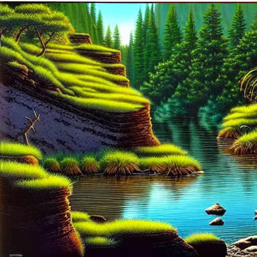 Image similar to Larry Elmore painting - You step to the edge of the rocky opening and peer over. You see a tranquil pond and a sandy beach 20 feet below. The opening’s bottom leads to a cave, its verdant flora a stark contrast to the rocky sides.