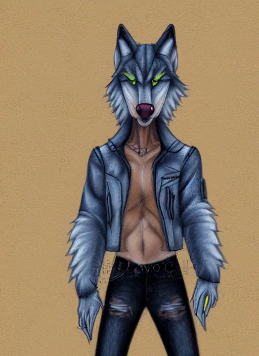 Prompt: expressive stylized master furry artist digital colored pencil painting full body portrait character study of the wolf ( sergal ) small head fursona animal person wearing clothes jacket and jeans by master furry artist blotch