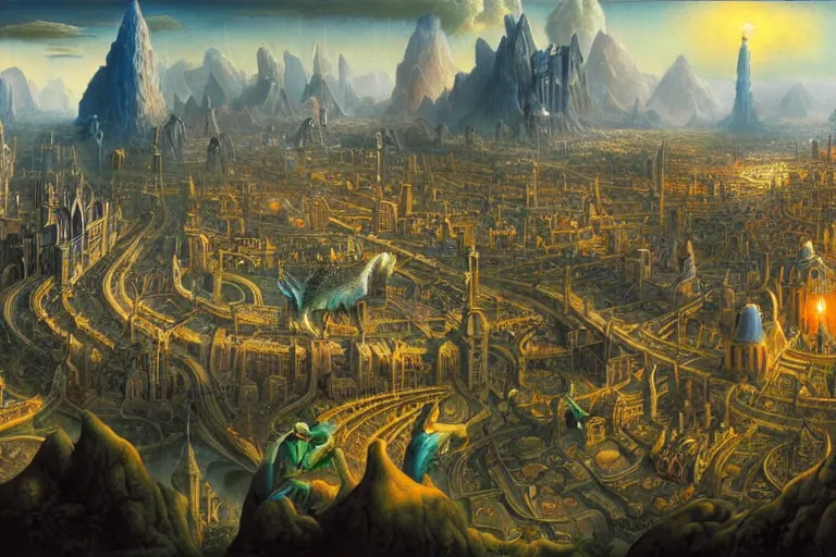 Image similar to a beautiful stunning insanely detailed fantasy matte painting of a magical mythical city buzzing with activity by Heironymous Bosch and Jim Burns