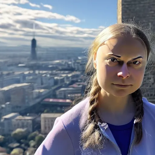 Prompt: photo of greta thunberg standing on top of a very tall tower