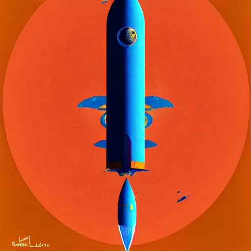 Image similar to Blue V2 rocket in space, tin tin, an orange as a planet, intricate, SCI-Fi, movie poster, high detail, digital art by raphael lacoste