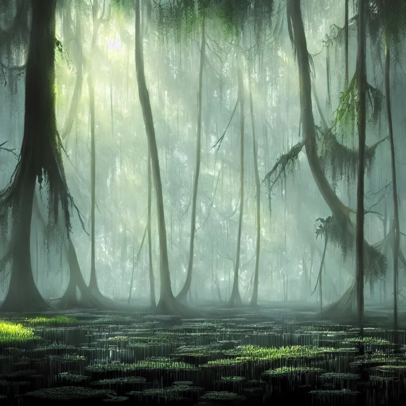 Image similar to a wet swamp with many big trees, dark colors, glowing plants, misty background, light rays, beautiful lighting, vivid colors, intricate, elegant, smooth, sharp focus, highly detailed digital painting, concept art, cinematic, unreal engine, 4 k wallpaper, trending on cgsociety, trending on artstation