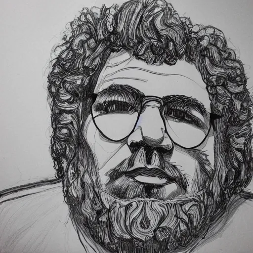Image similar to continuous single line contour - drawing of jerry garcia, pen on white paper