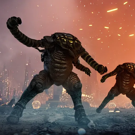 Image similar to highly detailed octane render of giant glowing insects chasing short fat men with giant beards who each hold a gun and wear armour. Depth of field