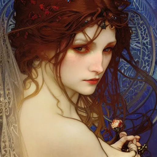 Prompt: realistic detailed face portrait of a Mysterious Enigmatic Vampire Bride by Alphonse Mucha, Ayami Kojima, Amano, Charlie Bowater, Karol Bak, Greg Hildebrandt, Jean Delville, and Mark Brooks, Art Nouveau, Neo-Gothic, gothic, rich deep colors