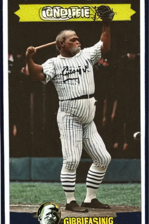 Prompt: baseball card of a gorilla wearing a striped jersey