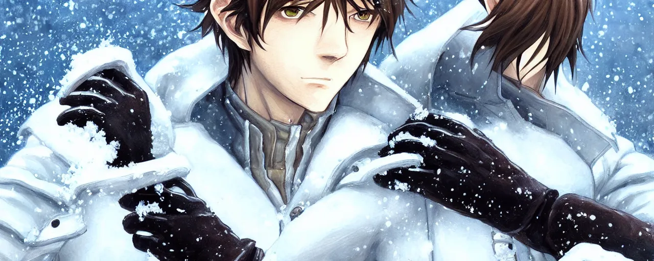 Prompt: man, stubble!!, brown messy hair, brown eyes, pale skin, black gloves!! and boots, white shirt blue! jeans!! dark coat standing in snow an ultrafine detailed painting, detailed painting, detailed eyes!!, final fantasy octopath traveler lovecraft ghibly