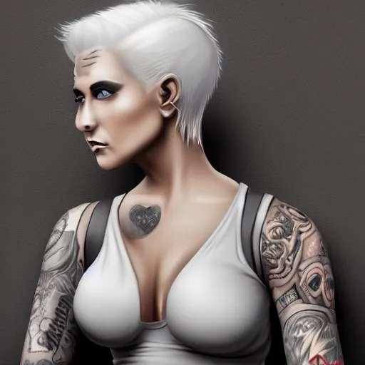 Image similar to Hot young woman, grey skinned, void eyeballs, white hair, tattoos, wearing leather jacket and wifebeater tank top, digital art, concept art, 4k,
