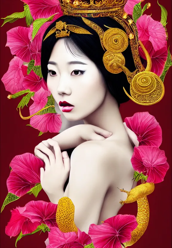 Image similar to beautiful oriental woman with gorgeous crown, symmetrical portrait, realistic, full body, white snake wrapped around body, hibiscus rosa - sinensis, rich in detail, by wlop