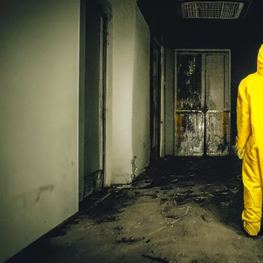 Image similar to a man wearing a yellow hazmat suit inside the very dark lighting empty unsettling creepy backrooms, liminal space, eerie mood, horror movie scene