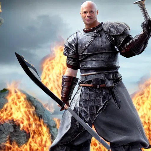 Image similar to mr clean holding a huge flaming sword, 4 k, realistic, dark souls