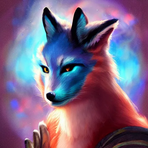 Image similar to a painted avatar portrait of a kitsune fox mage, in the style of dnd beyond avatar portraits, beautiful, artistic, elegant, lens flare, magical, lens flare, nature, realism, stylized