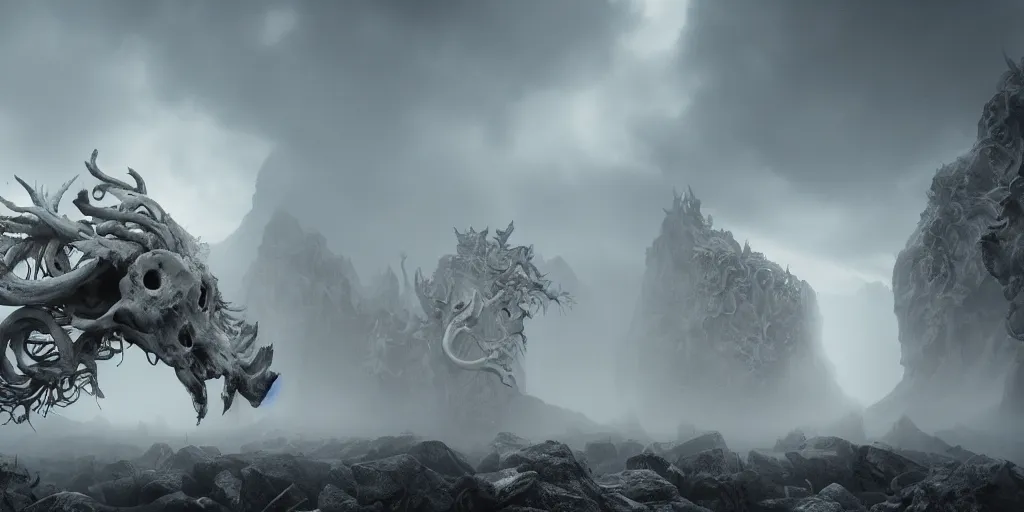 Image similar to white bird skulls, ram skulls, grand imposing powerful sculpture. swirls of mist. occult photorealism, uhd, amazing depth, volumetric lighting, cinematic lighting. epic landscape.