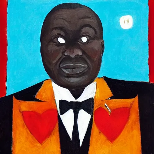 Prompt: a painting of a loving, caring fatherly, wide forehead, aquiline nose, round face, XXL , generous, ever-present, humble, wise elder from Kenya in a elegant silver suit and red tie by Kara Walker . Fatherly/daddy, focused, loving, leader, relaxed. Gold background, heavenly lights, details, smooth, sharp focus, illustration, realistic, cinematic, artstation, award winning, rgb , unreal engine, octane render, cinematic light, macro, depth of field, blur, light and clouds, highly detailed epic cinematic concept art CG render made in Maya, Blender and Photoshop, octane render, excellent composition, dynamic dramatic cinematic lighting, aesthetic, very inspirational, arthouse.