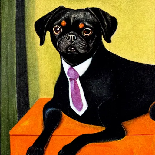 Prompt: a portrait of black pugalier dog wearing suit and tie, by francis bacon