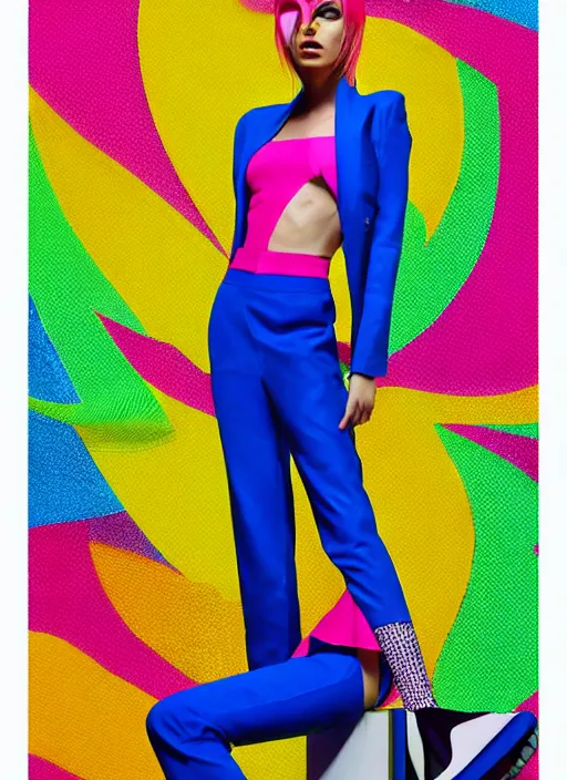 Image similar to bright trouser suit for a rave, bright colors, many details, prints, photo for a magazine, photo for a store, fashion photography, Vogue, 135 mm, cinematic, hyper realism, high detail, 8k, Two models in the frame, dynamic pose,Smooth skin, perfect face