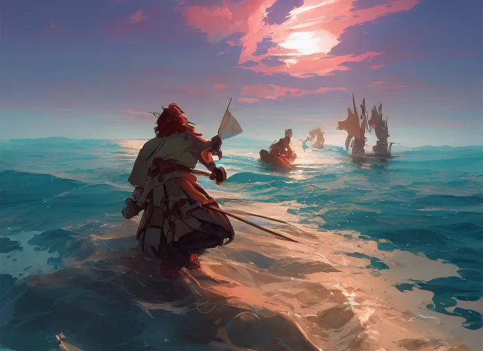 Image similar to cover concept art of a medieval battles in the sea, volumetric lighting, official fanart behance hd artstation by Jesper Ejsing, by RHADS, Makoto Shinkai and Lois van baarle, ilya kuvshinov, rossdraws