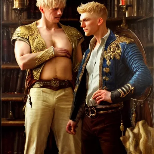 Prompt: manly arthur pendragon and manly merlin. focus on their faces. natural lighting. highly detailed painting by gaston bussiere, j. c. leyendecker, greg rutkowski 8 k