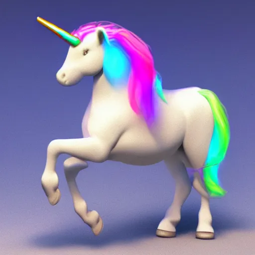 Image similar to whimsical luminescent detailed photo realistic 3d render of a white unicorn with long flowing rainbow colored mane