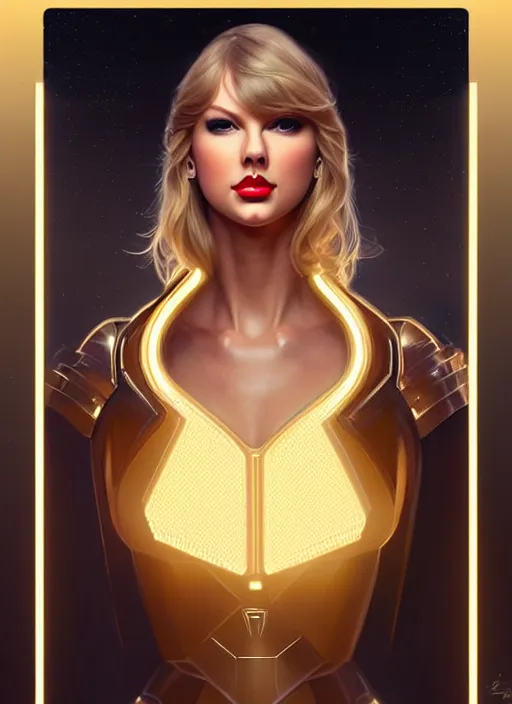 Image similar to symmetry!! portrait of taylor swift, gold sci - fi armour, tech wear, glowing lights!! sci - fi, intricate, elegant, highly detailed, digital painting, artstation, concept art, smooth, sharp focus, illustration, art by artgerm and greg rutkowski and alphonse mucha