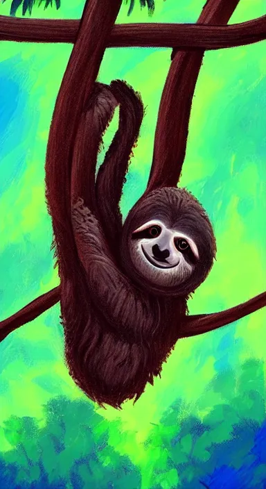 Image similar to very dark background, a cute sloth hanging on a tree, made of bright colored thick flowing dramatic brush strokes, matte colors, impressionist, trending on artstation