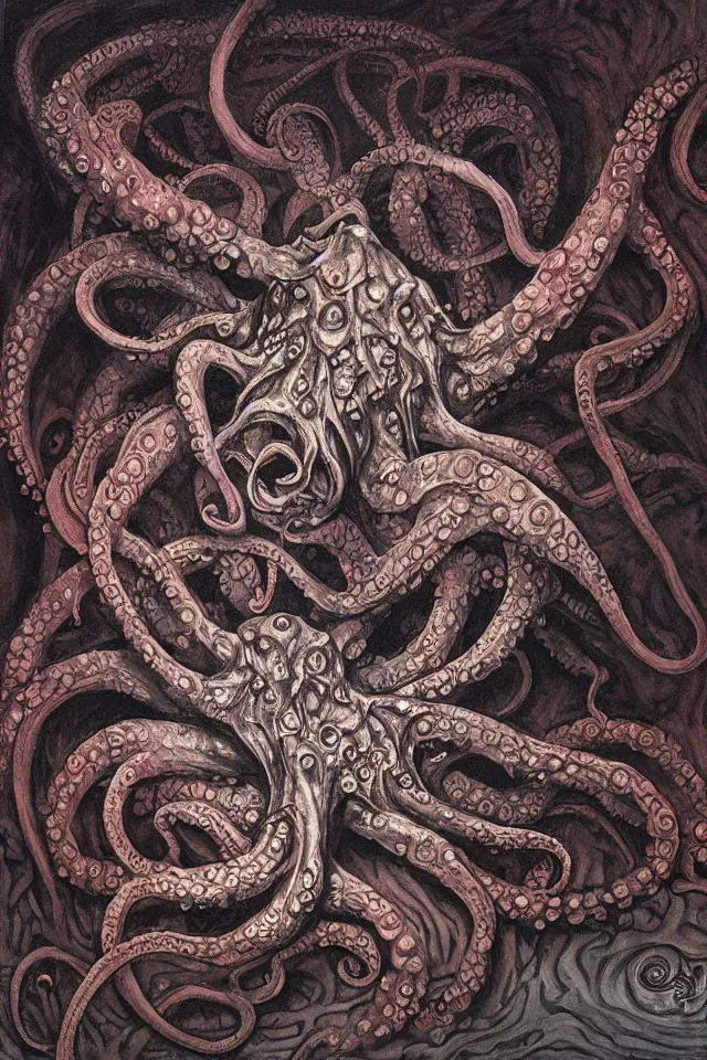 Image similar to alien octopus spider, in a dark cave with intricate writing on the walls, contrasting colors, Dan Seagrave