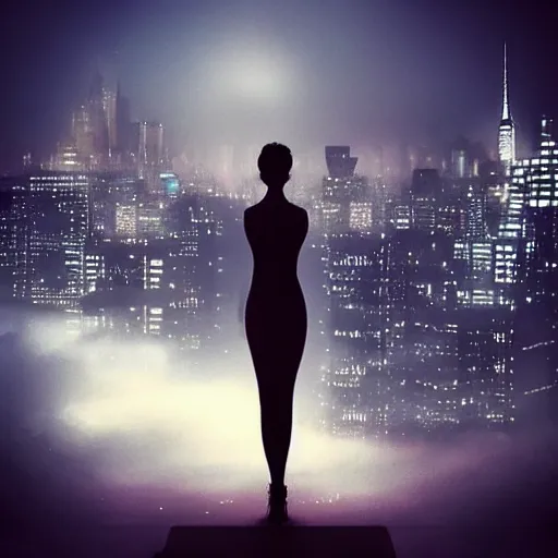 Image similar to “ girl standing on a roof looking down at a foggy futuristic new york city below, ghostpunk, blade runner, cyberpunk, brutalist, very detailed, anime, manga ”