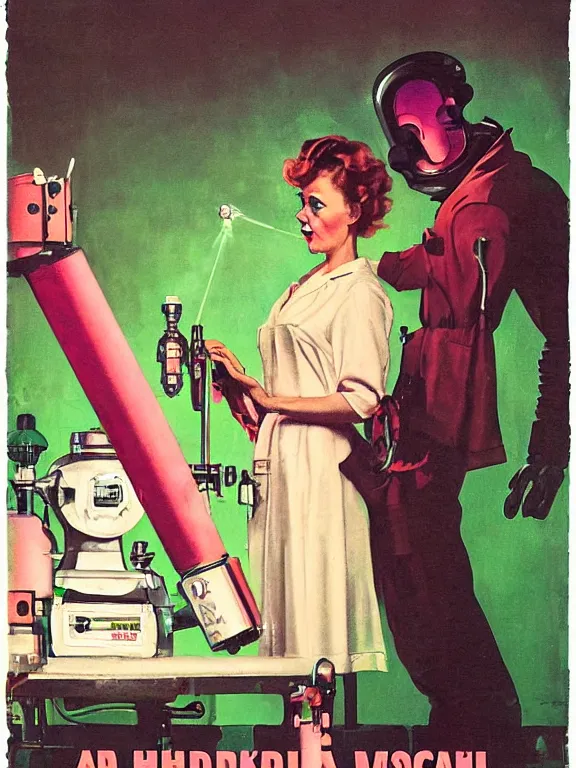 Image similar to a female mad scientist and a retro robotic!!! man!!!, in a darkly lit laboratory room, 1 9 5 0 s horror film movie poster style, ( norman rockwell oil painting ), retro science fiction, vintage, saturated pink and green lighting, shadowy lighting