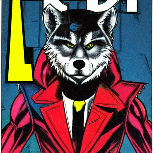 Image similar to 1 9 8 0 s comic book cover scan featuring a portrait of villain male wolf o'donnell anthropomorphic wolf furry fursona from starfox wearing a dark space mercenary uniform, dark grey wolf, handsome eyes, wolf o'donnell