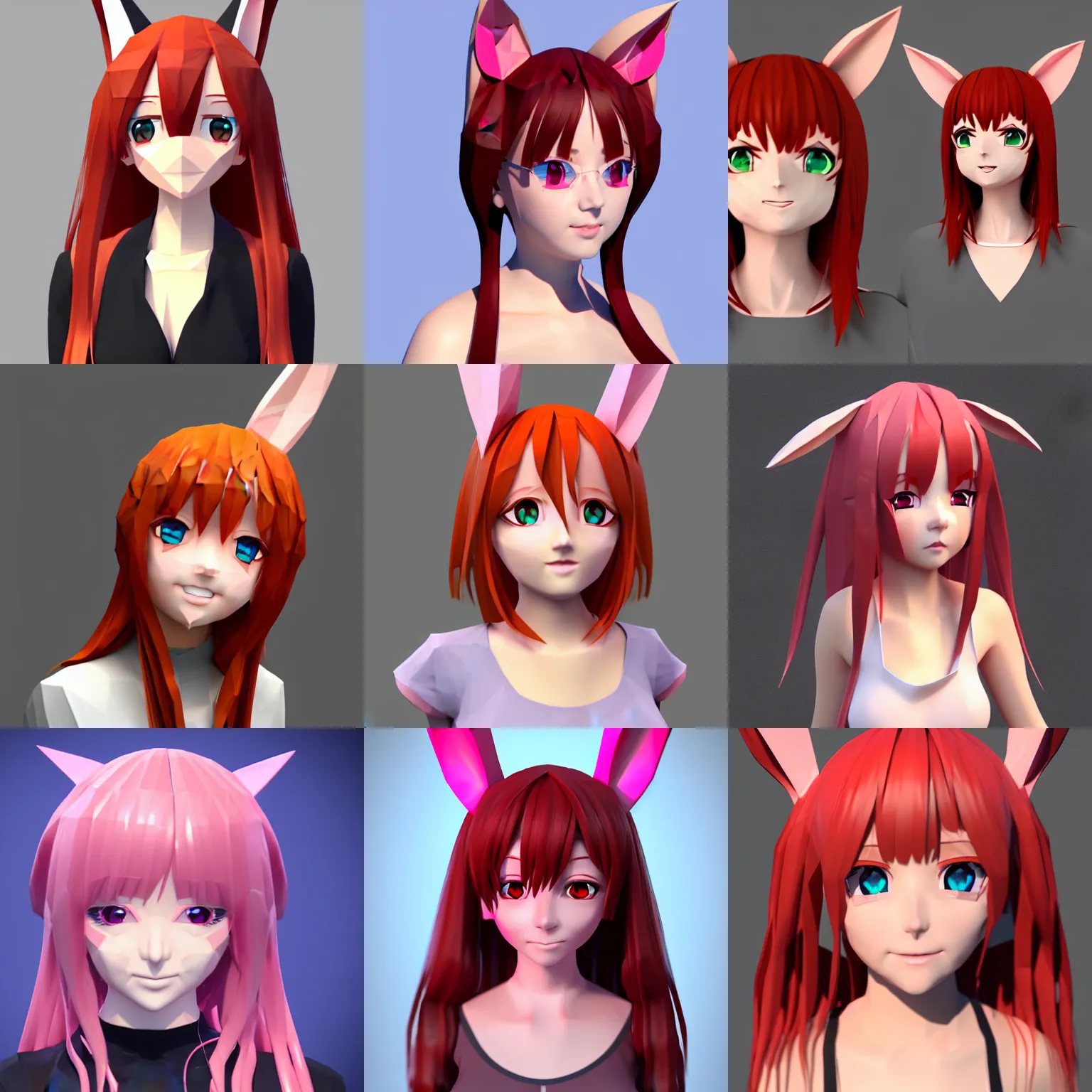 Prompt: low poly model of a 3D anime girl, long crimson hair, bunny ears, round face, medium shot, trending on ArtStation, detailed face