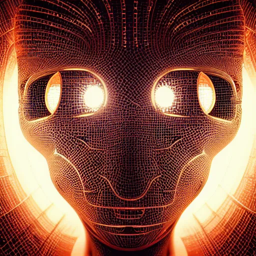 Image similar to an insanely detailed cibernetic artwork of a futuristic artificial intelligence superstar, centered image, perfectly symmetrical alien face, with frames made of detailed fractals, octsne render, 4k, insanely detailed, detailed grid as background, cgi