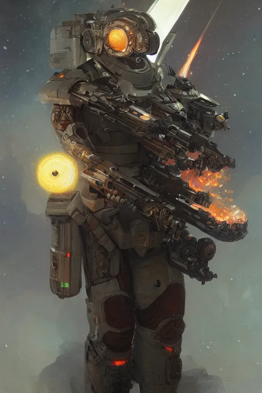 Prompt: A full portrait of a scifi heavy deep space flamethrower soldier, intricate, elegant, highly detailed, digital painting, artstation, concept art, smooth, sharp focus, illustration, art by Krenz Cushart and Artem Demura and alphonse mucha