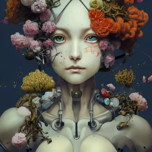 Image similar to surreal gouache painting, by yoshitaka amano, by ruan jia, by conrad roset, by good smile company, detailed anime 3 d render of a female mechanical android head with flowers growing out, portrait, cgsociety, artstation, rococo mechanical costume and grand headpiece, dieselpunk atmosphere