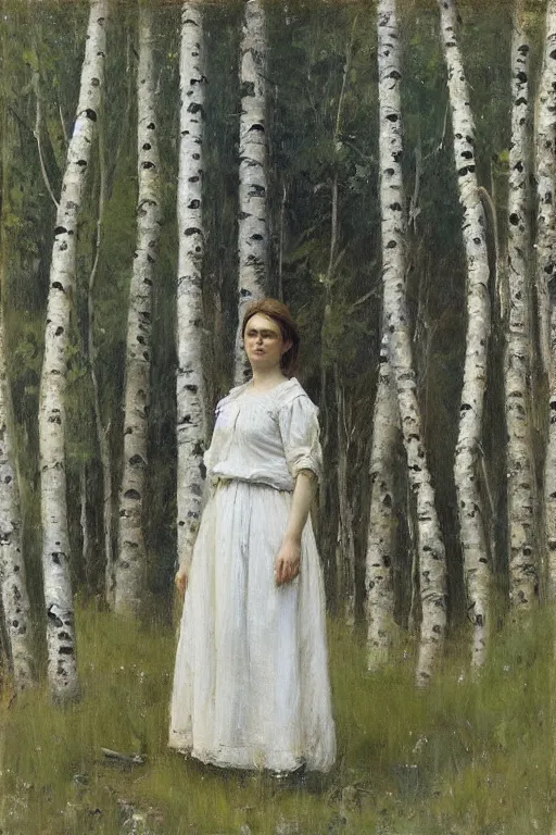 Image similar to “ italian woman, summer dress, standing between birch trees in a dense forest, jeremy lipking, joseph todorovitch ”