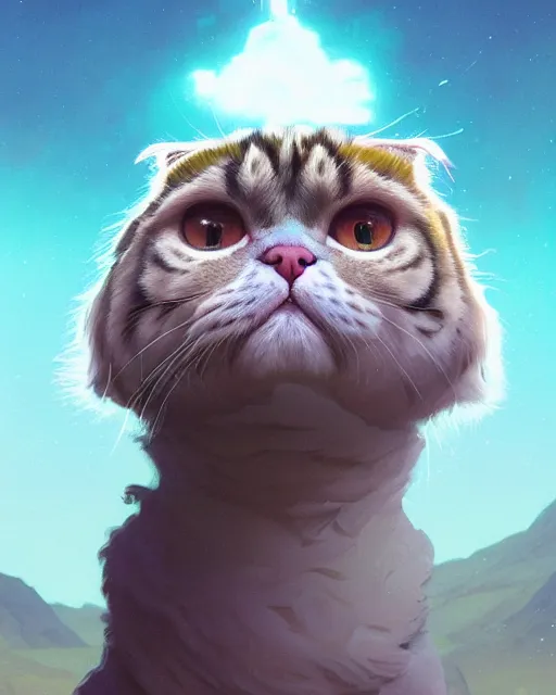 Image similar to highly detailed surreal vfx portrait of a sacred scottish fold cat, stephen bliss, unreal engine, greg rutkowski, loish, rhads, beeple, makoto shinkai and lois van baarle, ilya kuvshinov, rossdraws, tom bagshaw, alphonse mucha, global illumination, detailed and intricate environment