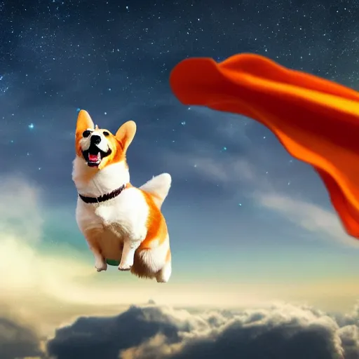 Image similar to corgi with [ angelic wings ]!!, [ flying like a superhero ]!! in the [ night sky ]!! where the stars are visibly perceptible, [ realistic photo ]!!, [ 4 k photorealism ]!!, trending on artstation