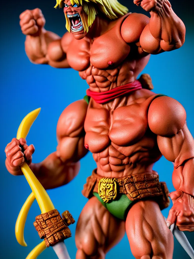 Image similar to hyperrealistic rendering, he - man by art of skinner and richard corben and jeff easley, product photography, action figure, sofubi, studio lighting, colored gels