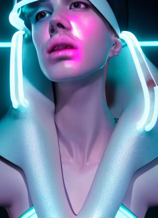 Prompt: a sensual scandinavian female humanoid with freckled cheeks, cyber neon lighting, futurism, intricate futuristic jewelry accessories, cyberpunk glossy white latex swimsuit, profile posing, hyper photorealistic, crispy quality, digital photography, trending in artstation, trending in pinterest, cinematic, 4 k ultra hd, art by pascal blanche, art by greg rutkowski,