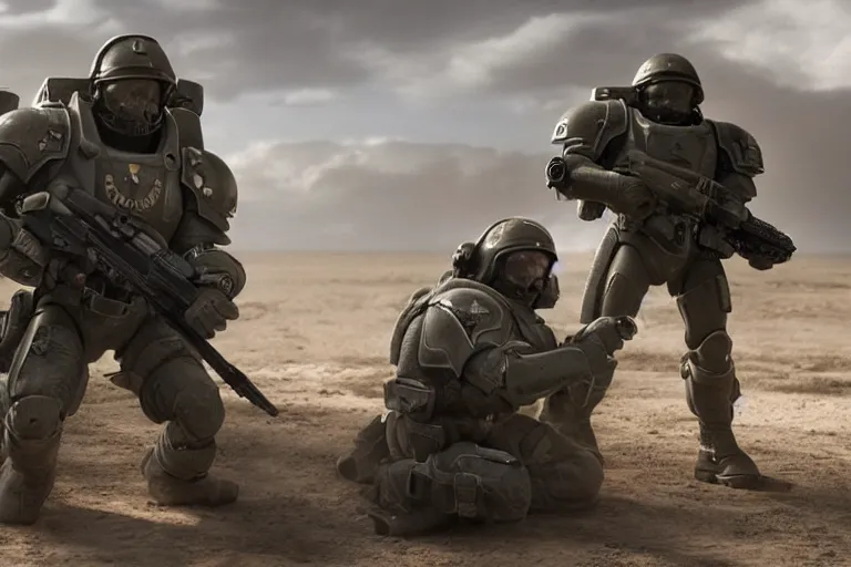 Image similar to VFX movie of a futuristic spacemarine in war zone, shooting gun natural lighting by Emmanuel Lubezki