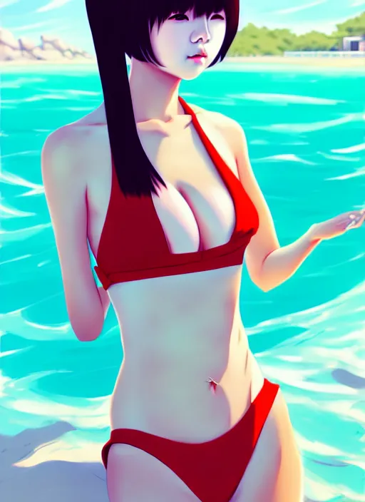 Image similar to ulzzang korean girl wearing two - piece swimsuit portrait, ilya kuvshinov, anime, pixiv top monthly, trending on artstation, cinematic, danbooru, zerochan art, kyoto animation