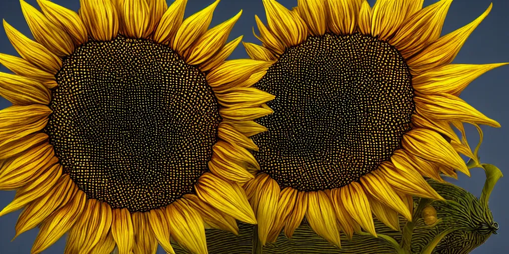 Image similar to a portrait of sunflower with sharp teeth in midnight, surrealism, artstation, highly detailed, rendering in 3 d