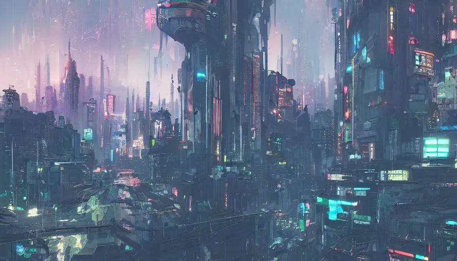 Image similar to A beautiful picture of an establishing shot of a cyberpunk neo tokyo cityscape by Sergey Vasnev and Ismail Inceoglu , trending on artstation.