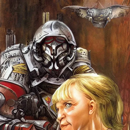 Prompt: a beautifully detailed warhammer 4 0 k portrait of angela merkel as inquisitor. western comic art by moebius.