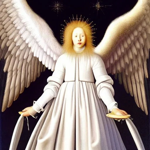 Image similar to highdetailed hyperrealistic painting of white angel!!! no gender!!!, giant ball of miracle light from the chest!!!!!, 4 k hd fur face!!!, big wings, by jan van eyck, holography space, white sparkles everywhere, thin strokes, white monochrome color!!!!!