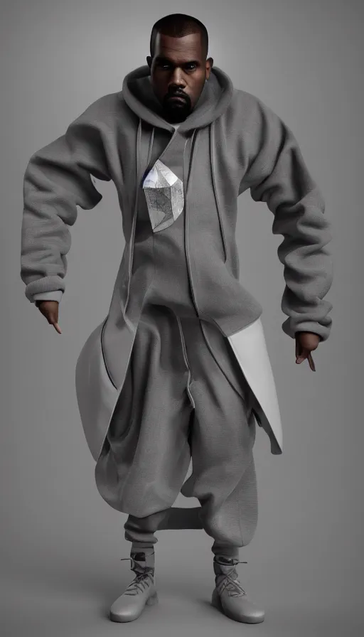 Image similar to high quality studio digital fashion art of a kanye west modelling yeezy futuristic hoddle. final product shot, all round angle. digital art, trending on artstation. marvelous designer. octane render. trending on futuristic fashion instagram.