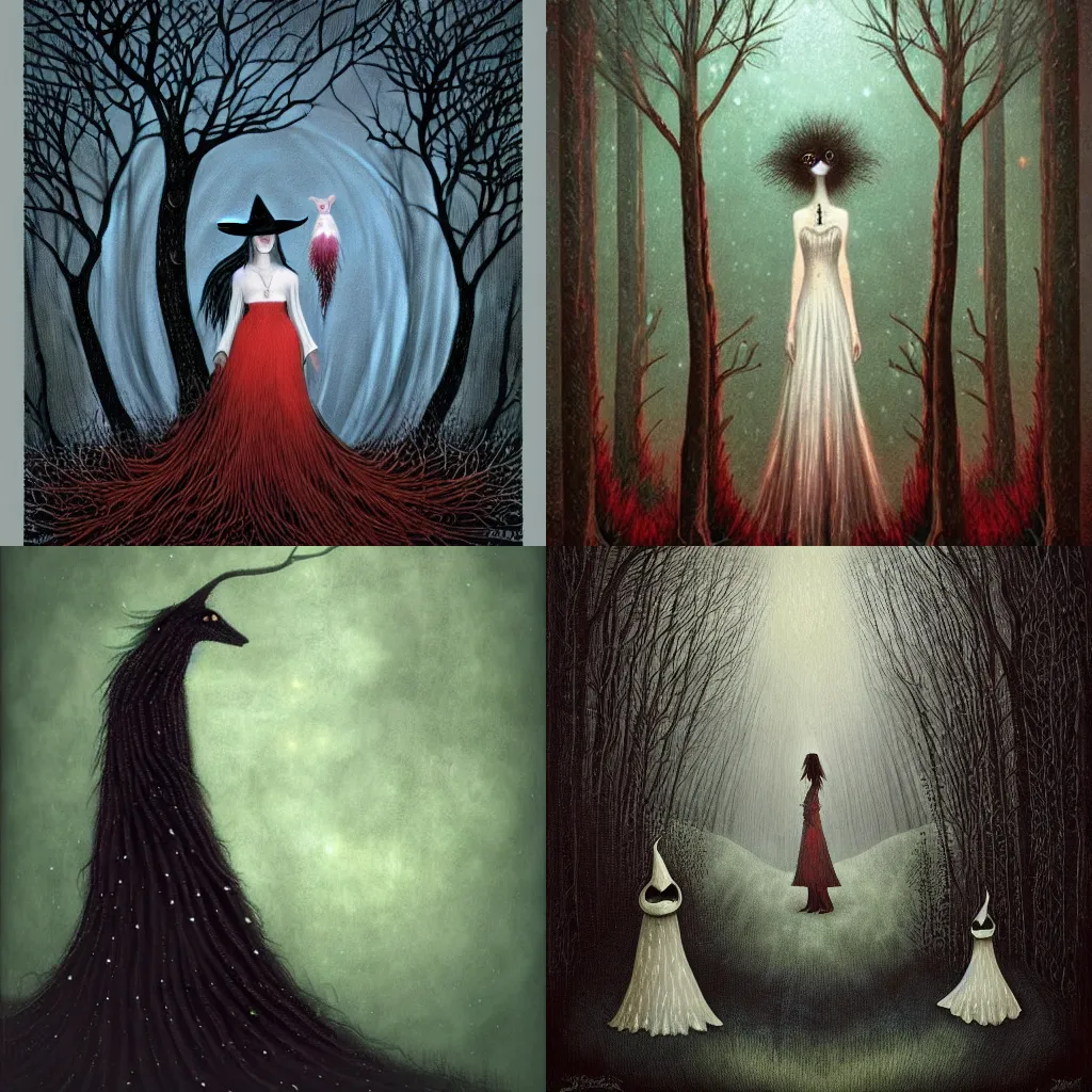 Prompt: a witch in a white dress, with hooves and wings, stands in a gloomy forest and looks at me, centered, high detailed, trending wikiart, drawn by andy kehoe